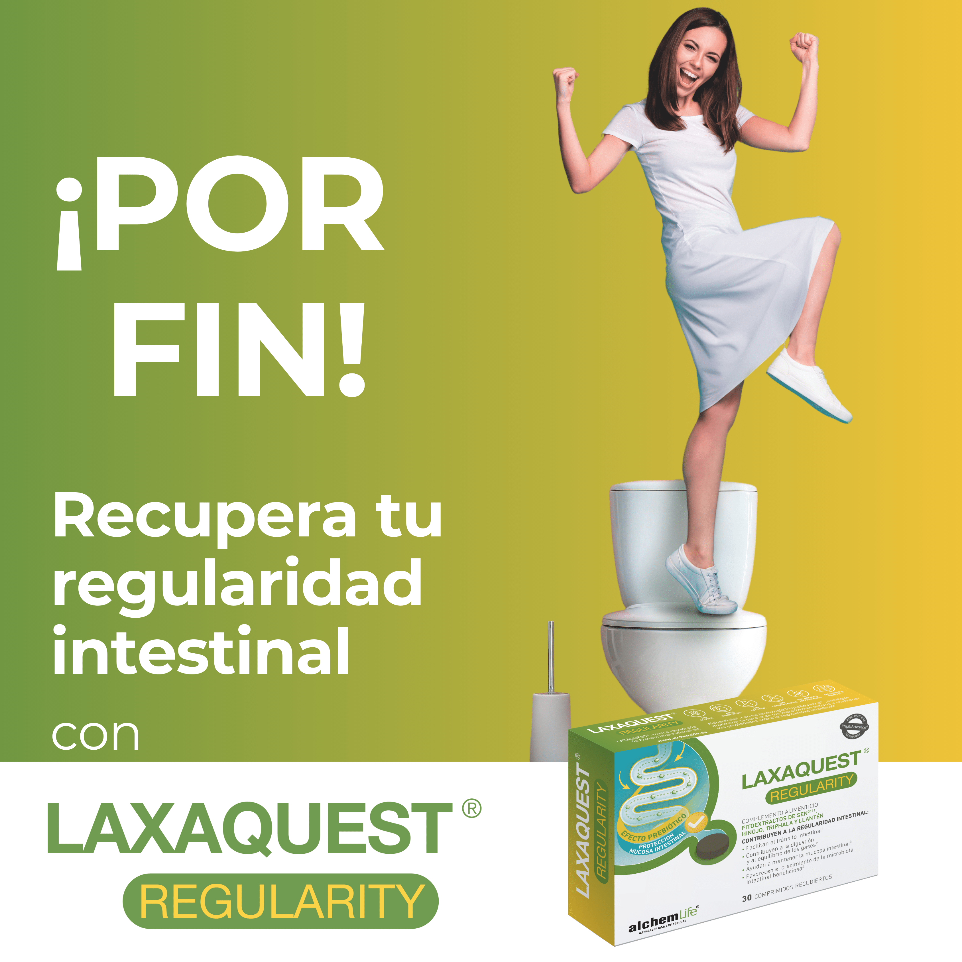 ¡Di adiós al estreñimiento! Con Laxaquest® Regularity, recuperarás la regularidad intestinal.